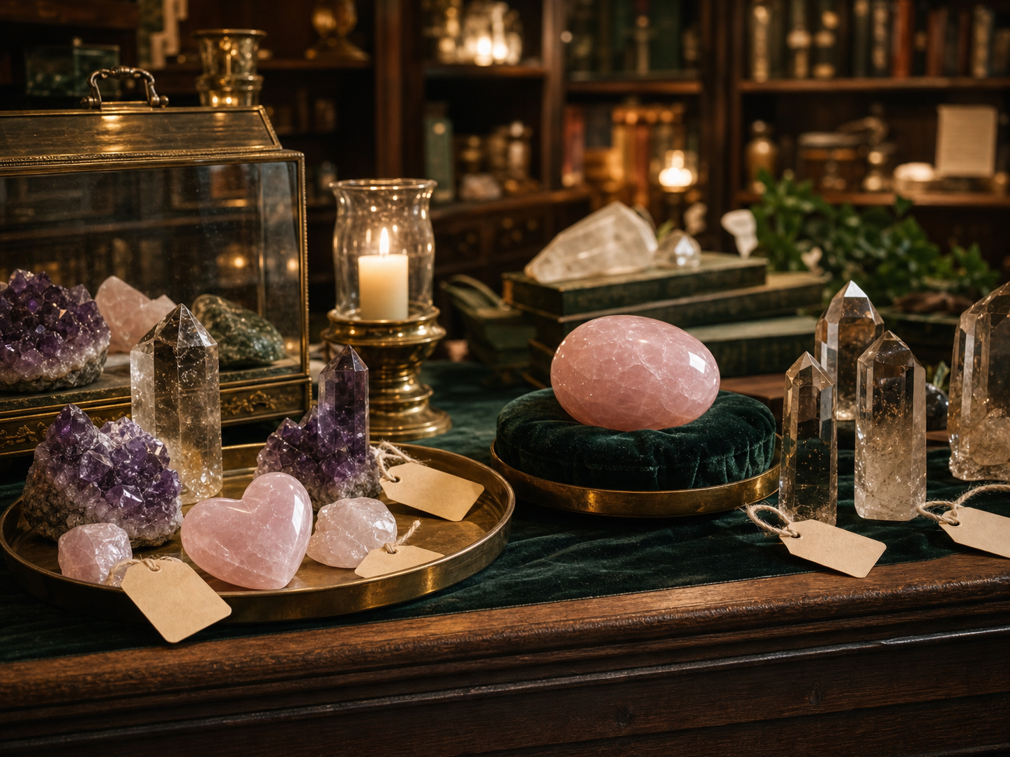 Crystalis sanctuary counter with curated crystal specimens