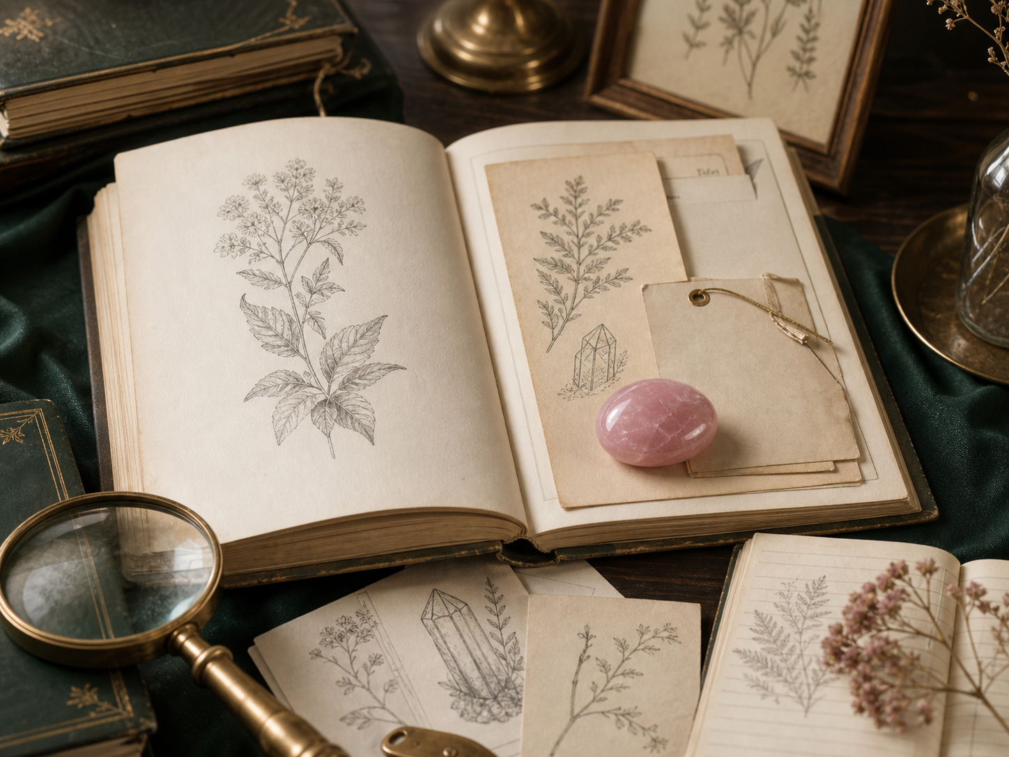 Crystalis field notes desk with source notebook and rose quartz